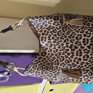 Black and Brown Leopard Print Shoulder Bag with Metal Hardware